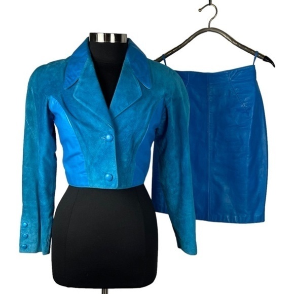 MICHAEL HOBAN NORTH BEACH VINTAGE 90S LEATHER BLUE CROP JACKET SKIRT SET SUIT - Picture 4 of 16